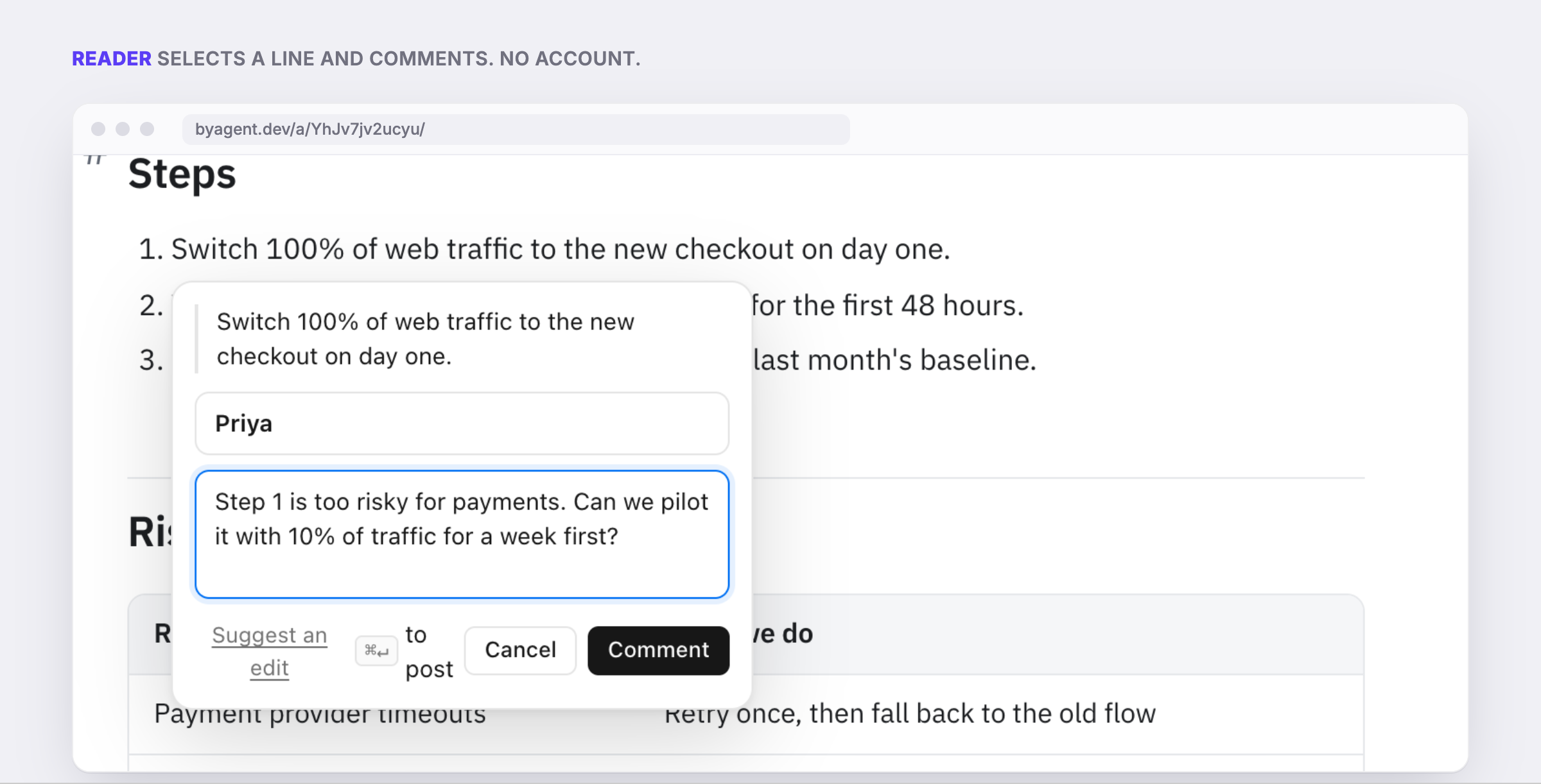 A reader selects "Switch 100% of web traffic to the new checkout on day one" on a byagent page and types a comment asking for a 10% pilot first